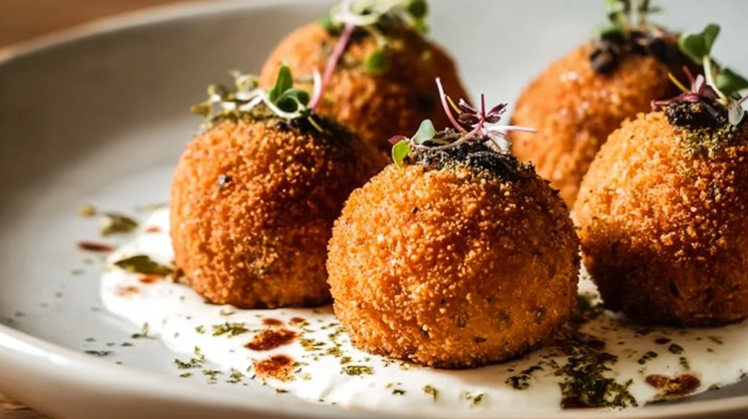 Gourmet truffle mushroom arancini served on a plate, garnished with herbs.