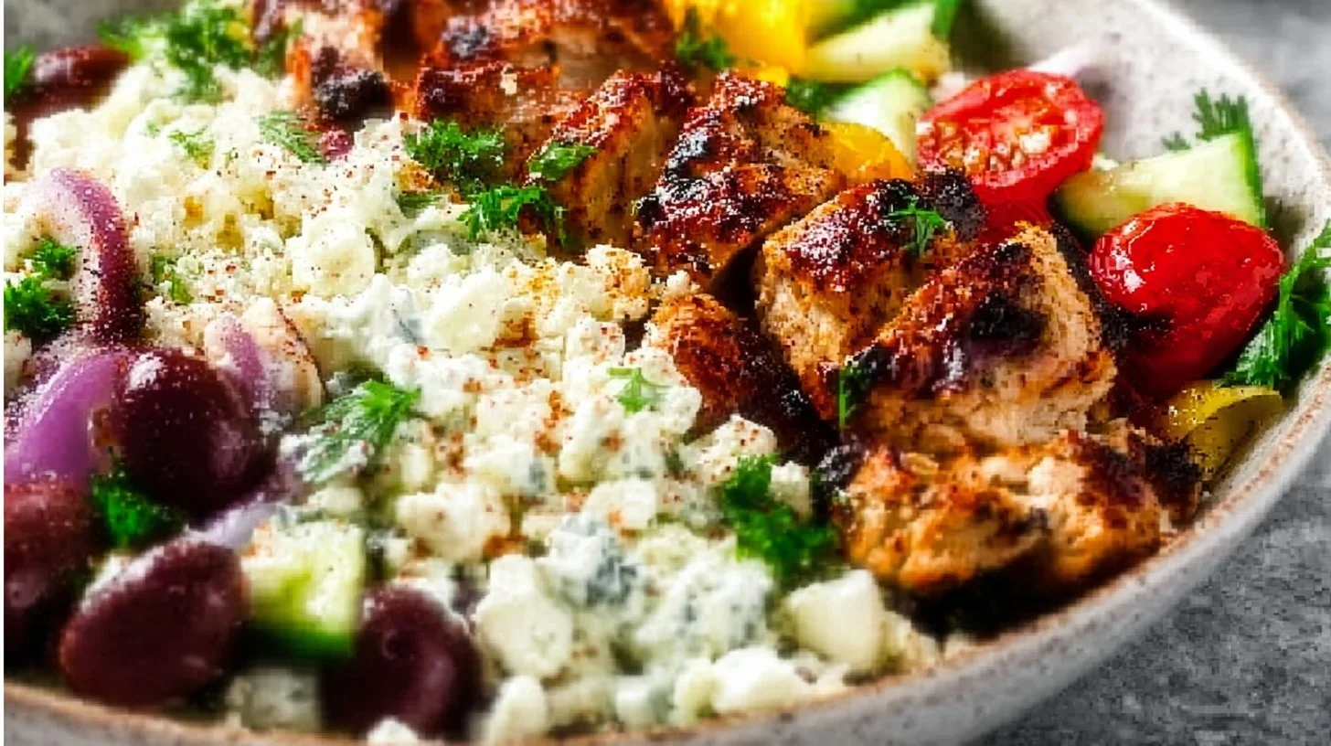 Delicious Greek Chicken Bowl with fresh vegetables and flavorful toppings