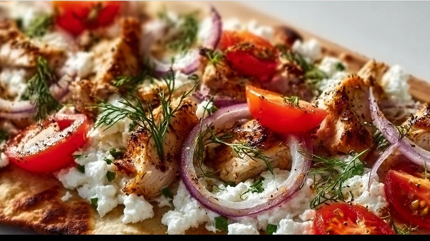 Greek Chicken Flatbread with fresh vegetables and herbs on a wooden table