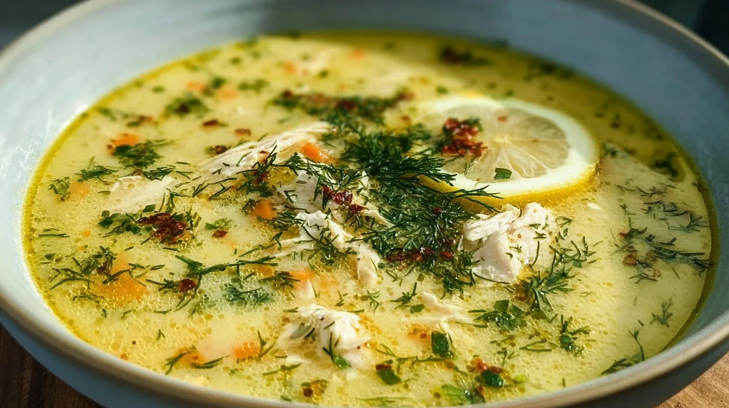 Bowl of Greek lemon chicken soup with fresh herbs and lemon slices.