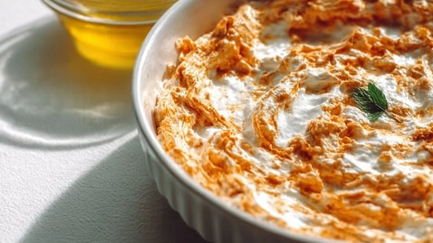 Creamy Greek Yogurt Buffalo Chicken Dip served in a bowl with tortilla chips