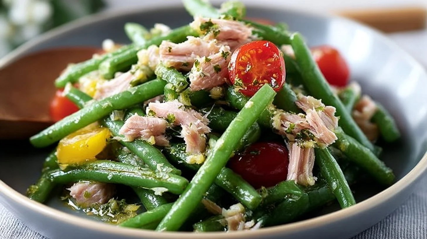 Green bean salad with tuna served in a bowl garnished with herbs