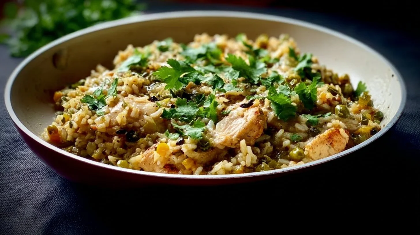 Green sauce chicken and rice skillet dish ready to serve