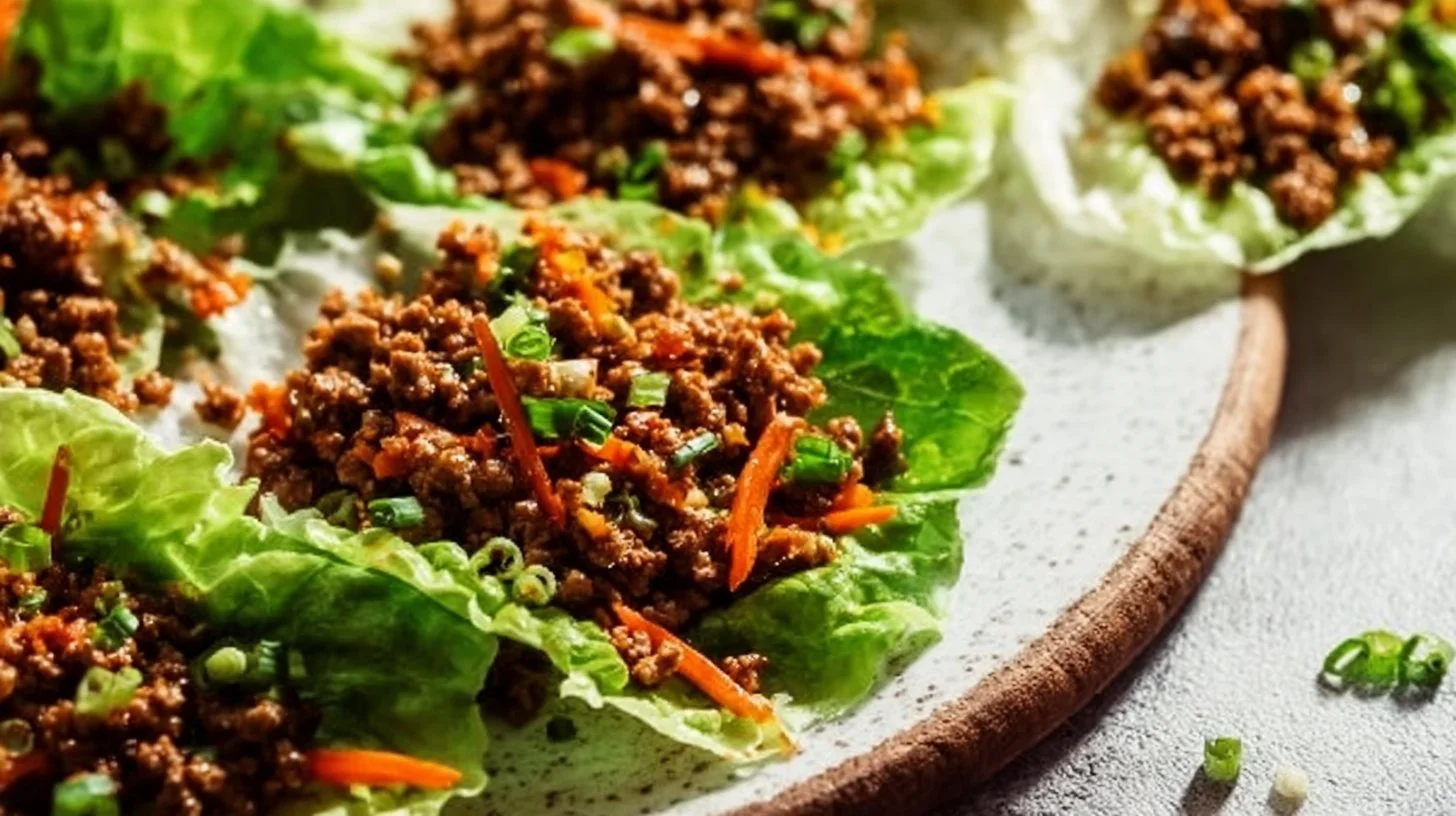 Delicious ground beef lettuce wraps garnished with fresh herbs and vegetables