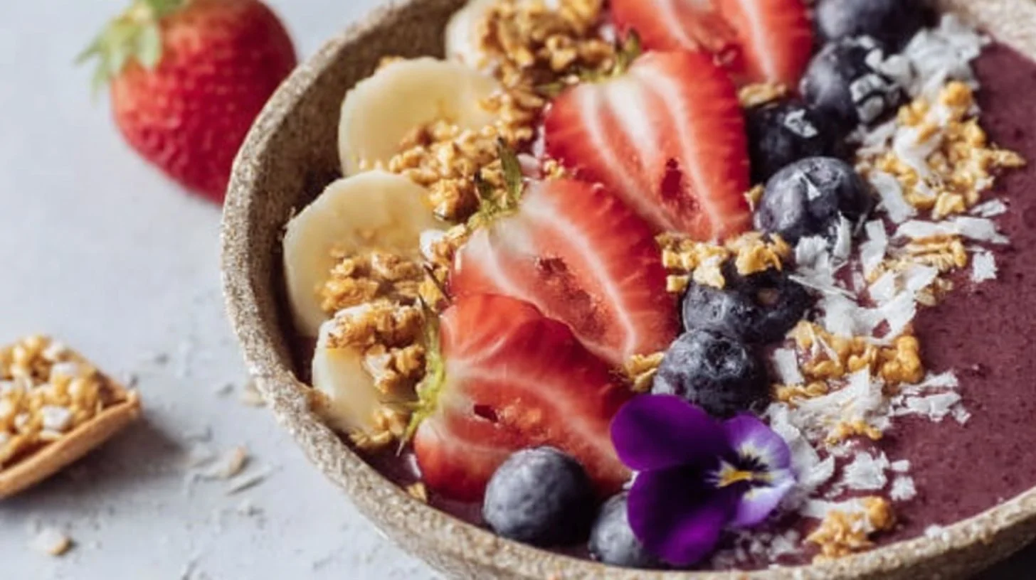 Healthy açaí bowl topped with fresh fruits and granola