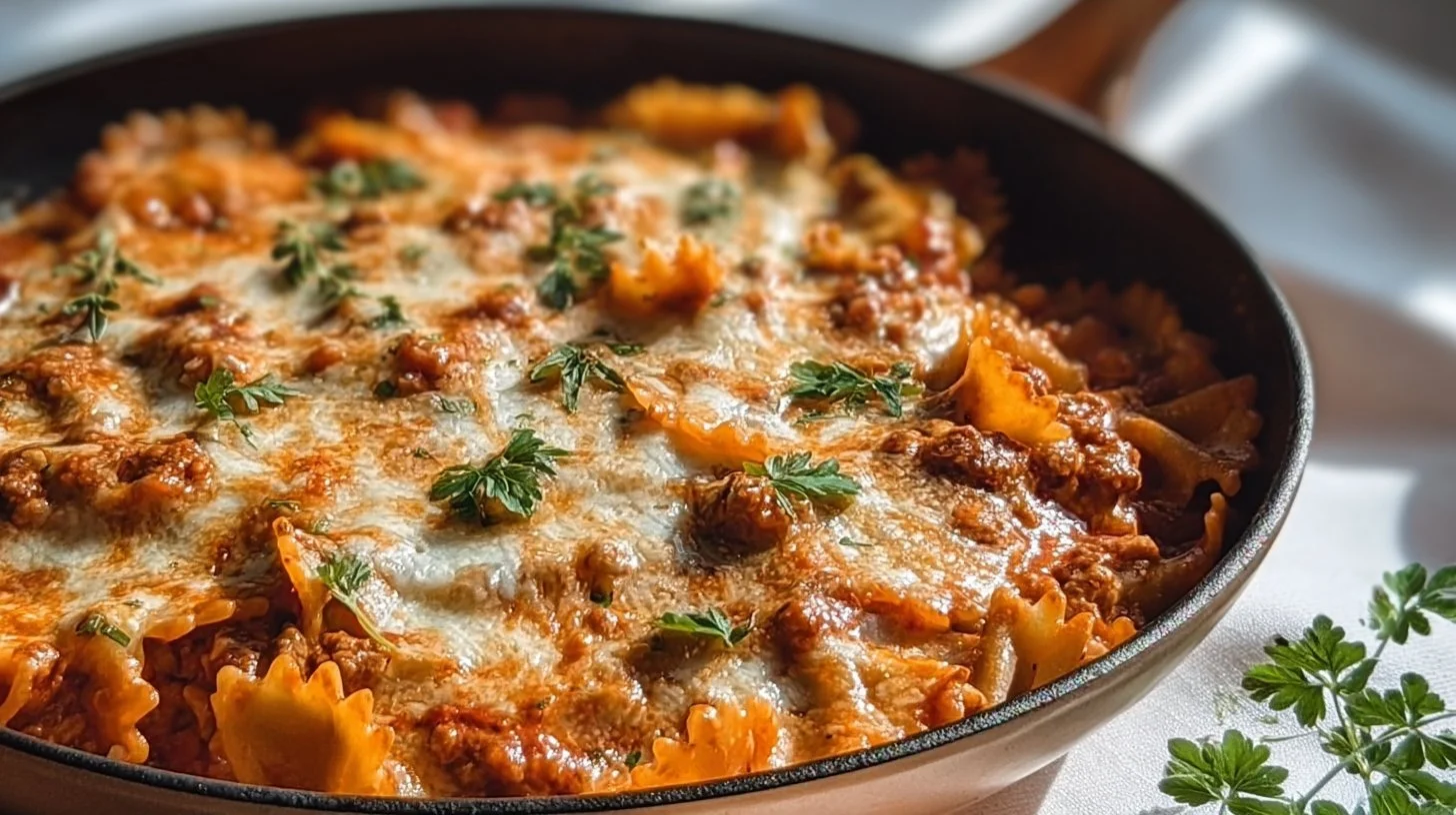 Healthy one pot skillet lasagna with layers of cheese and vegetables.
