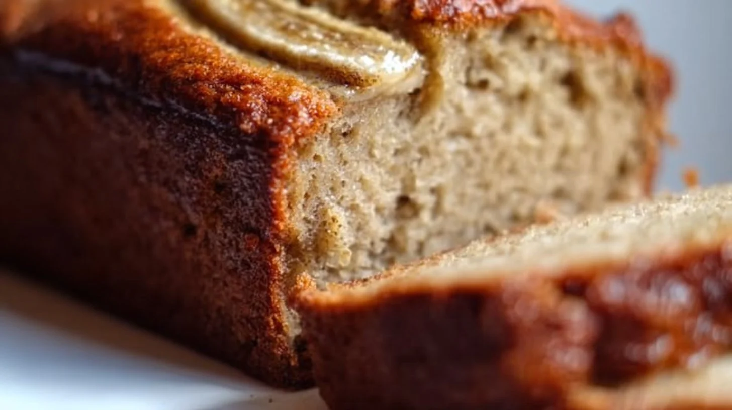 Slices of high-protein banana bread on a wooden cutting board