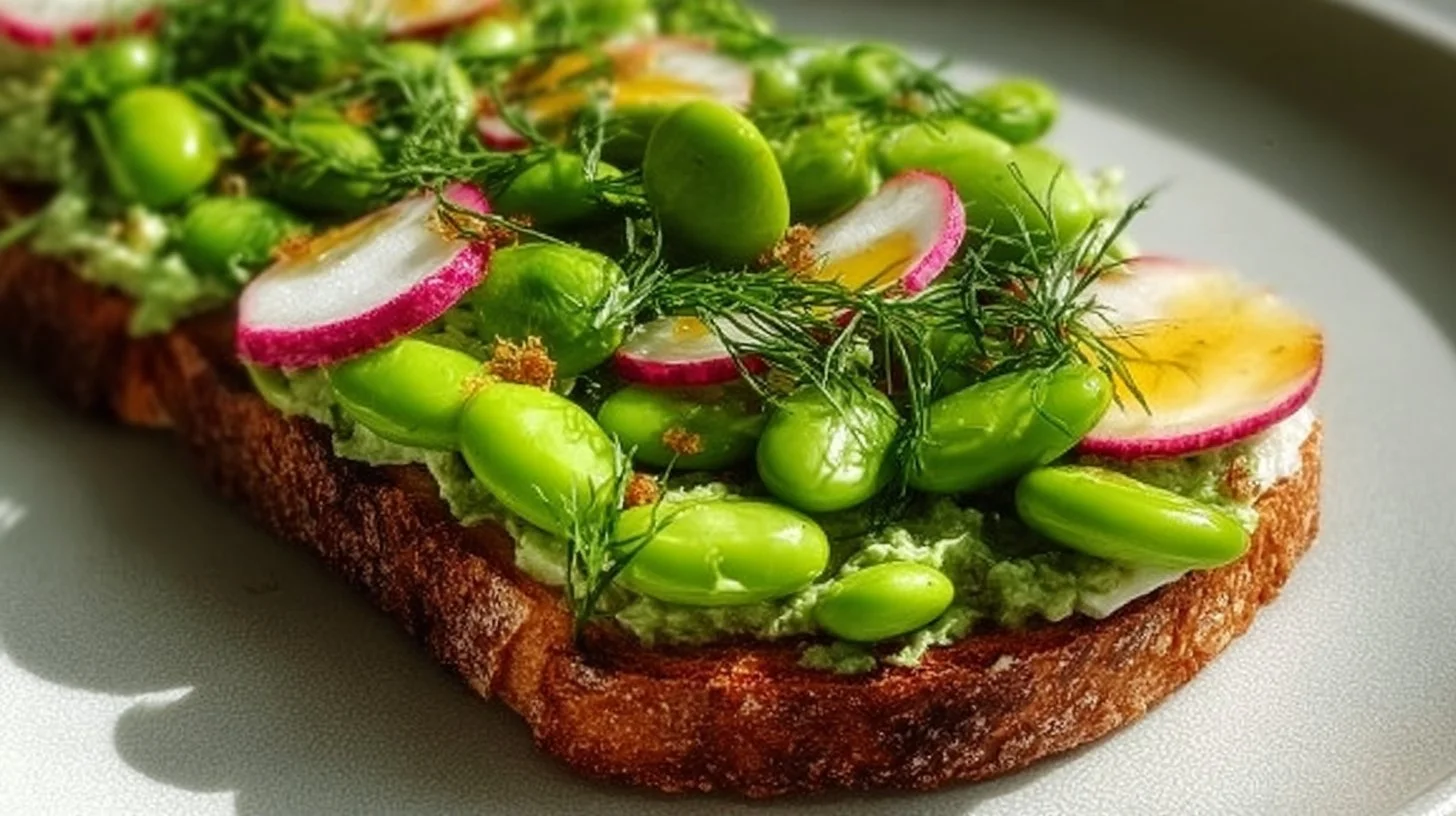 High protein basil edamame toast with fresh herbs and a sprinkle of seasoning