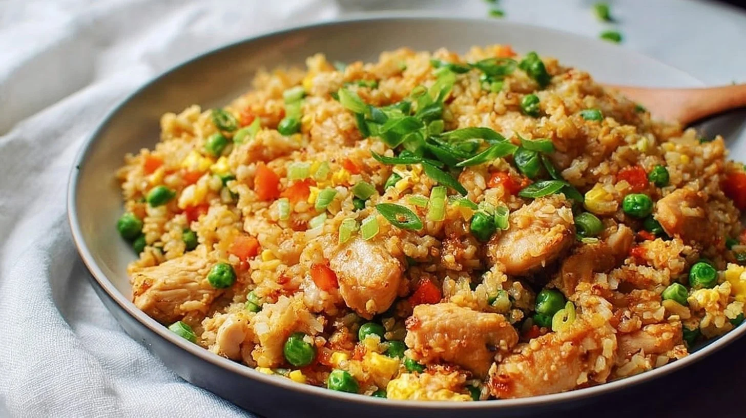 High protein chicken fried rice dish with colorful veggies and chicken