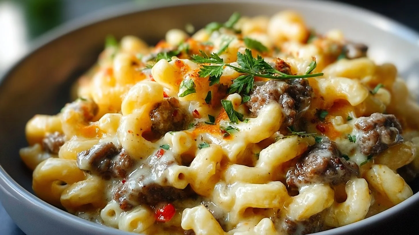 High-protein creamy Philly cheesesteak mac and cheese dish with toppings