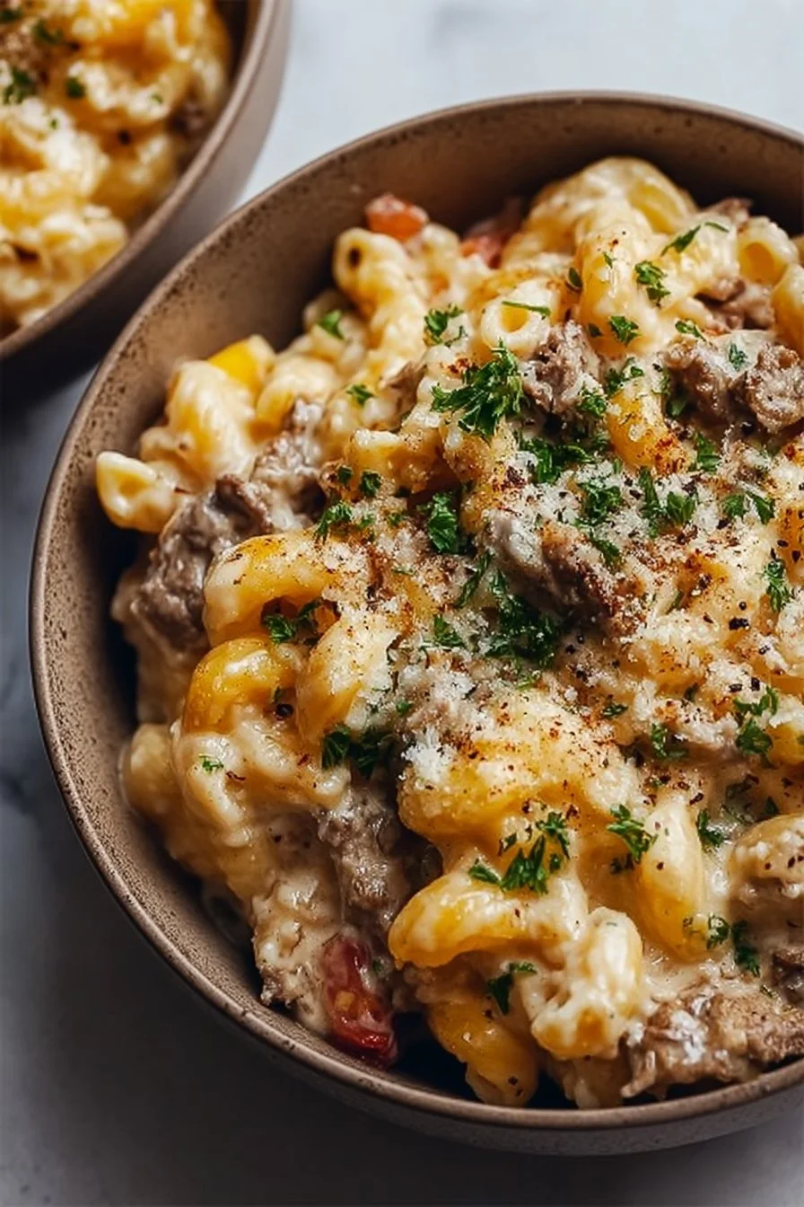 High-Protein Creamy Philly Cheesesteak Mac & Cheese Bliss