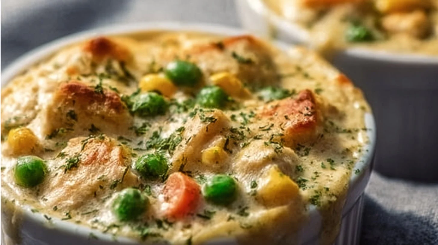 High protein crustless chicken pot pie served in a bowl with vegetables