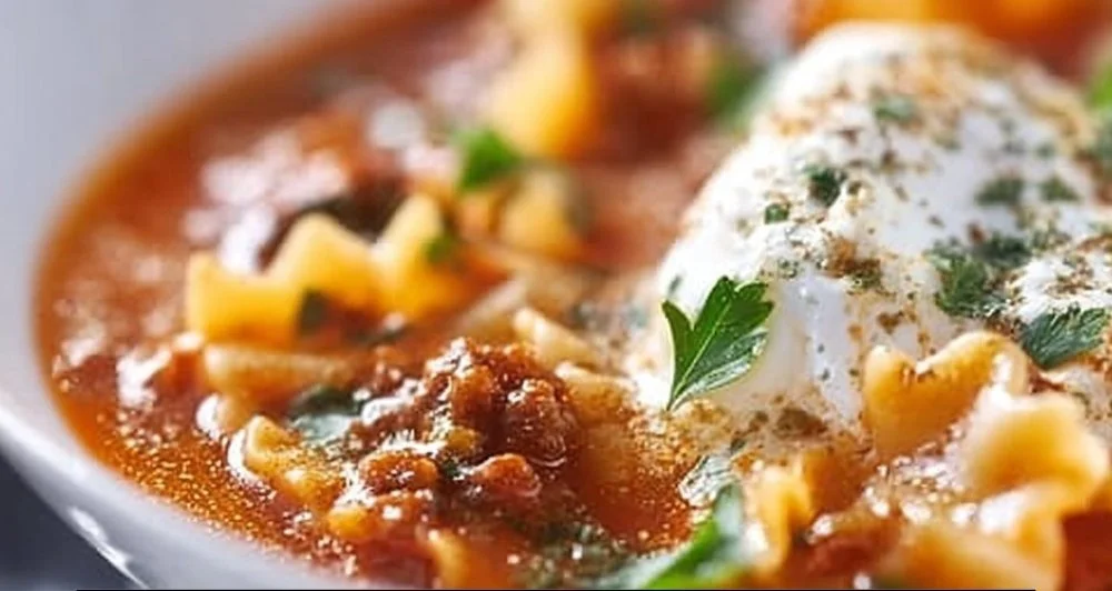 Bowl of high protein lasagna soup topped with cheese and herbs