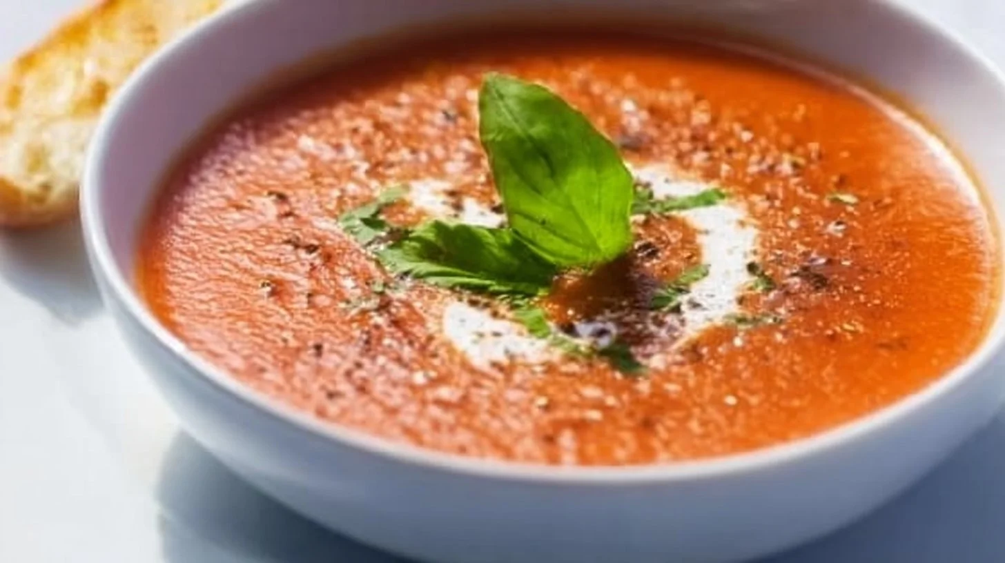 Bowl of high protein tomato soup with cottage cheese, garnished with herbs.