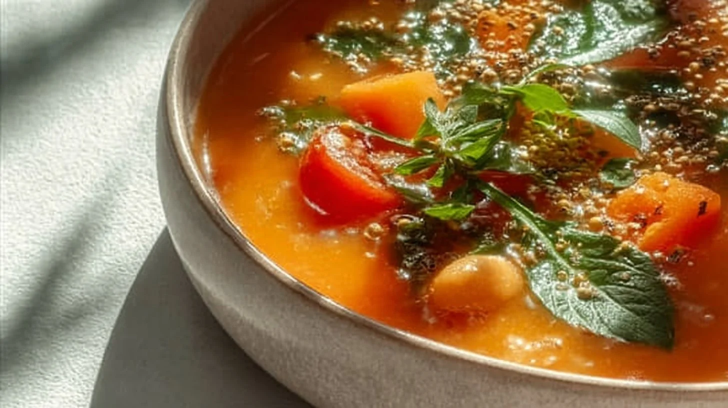 Bowl of high-protein vegetable soup with fresh ingredients