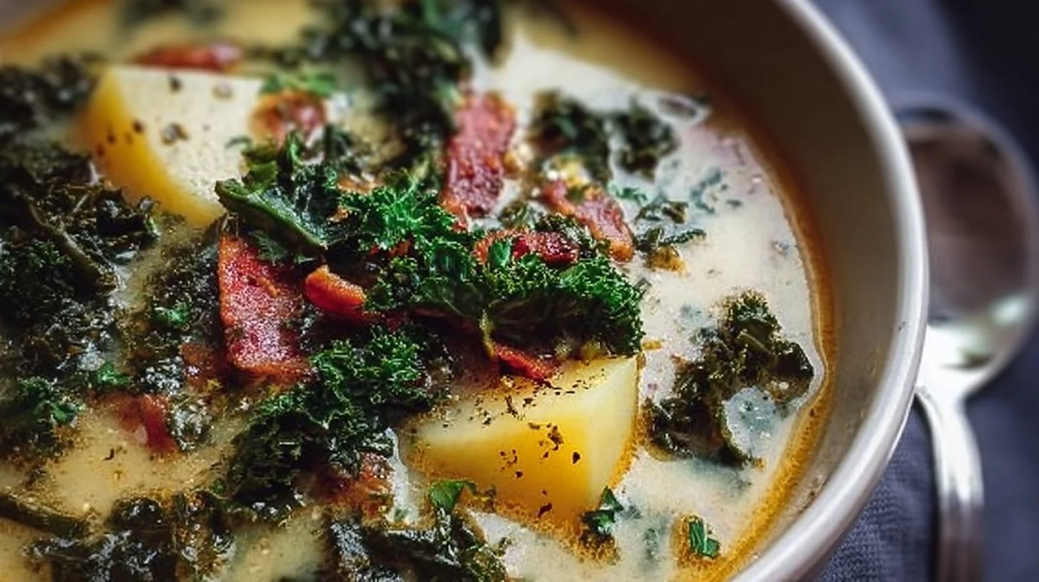 Bowl of homemade potato kale soup garnished with fresh herbs