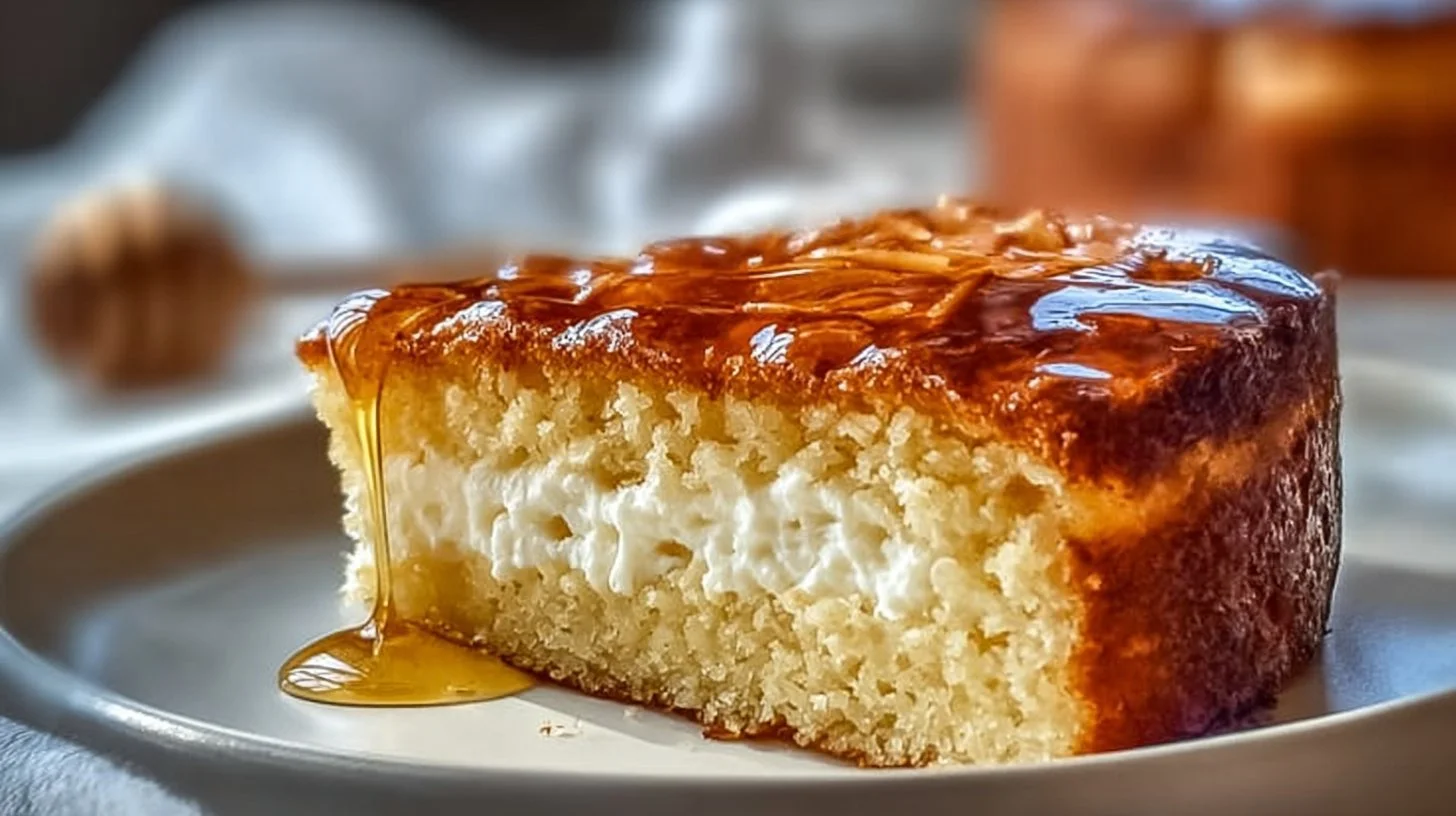 Slice of authentic German Bee Sting Cake with honey and almonds topping
