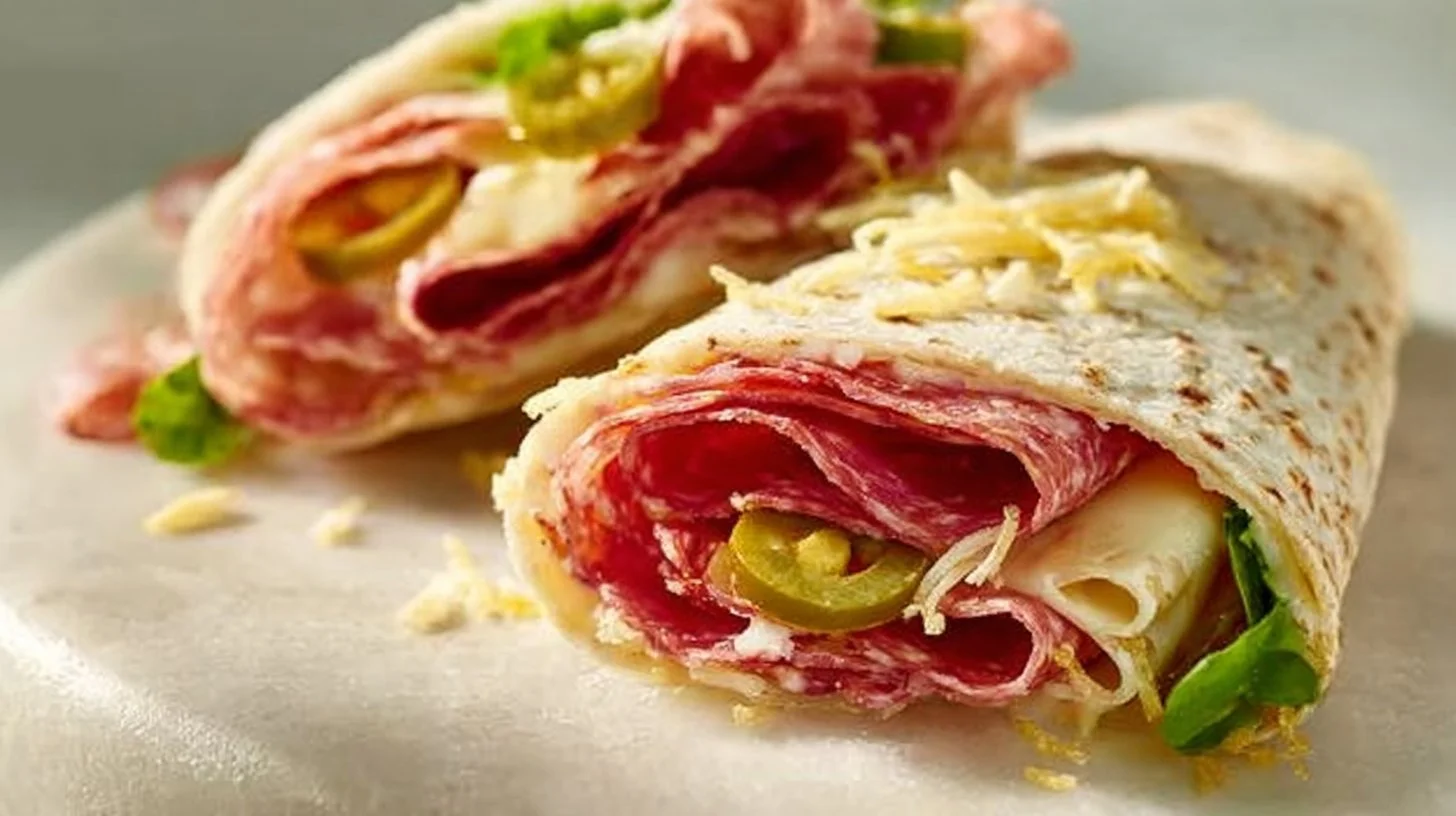 Italian Sub Roll-Up featuring layers of meats and vegetables.