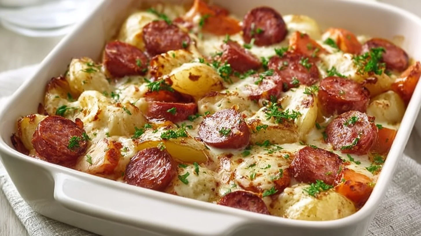 Kielbasa Pierogi Bake topped with cheese and herbs in a baking dish