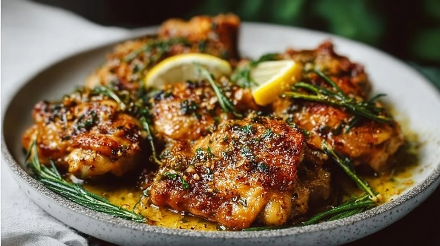 Lemon garlic butter chicken thighs garnished with herbs and spices