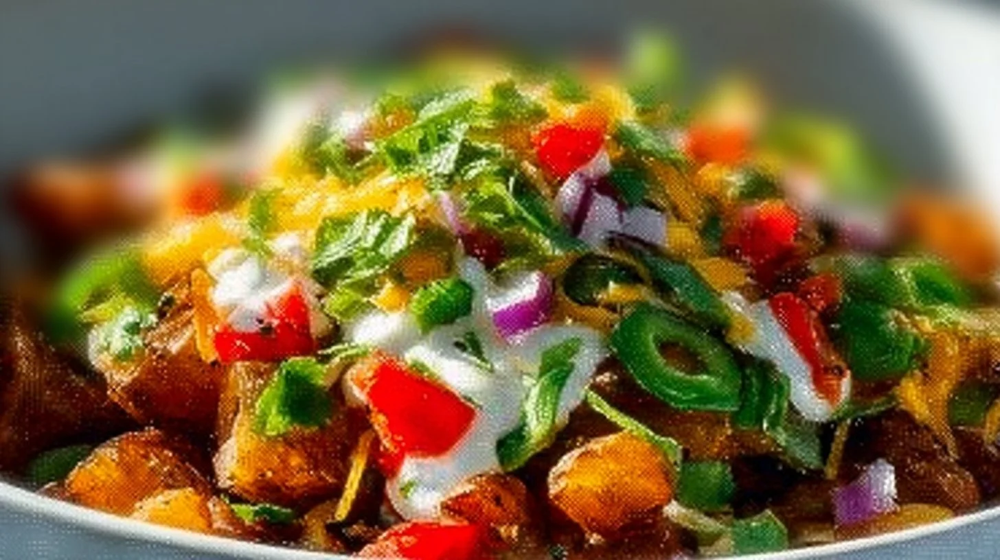 Delicious loaded potato taco bowl with toppings and fresh ingredients