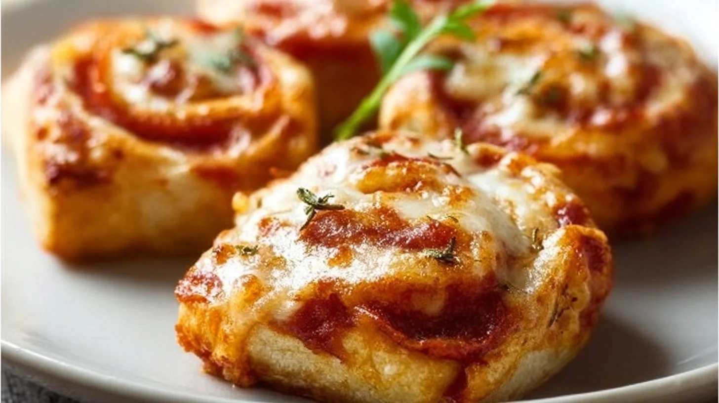 Low-calorie pizza rolls on a plate garnished with herbs