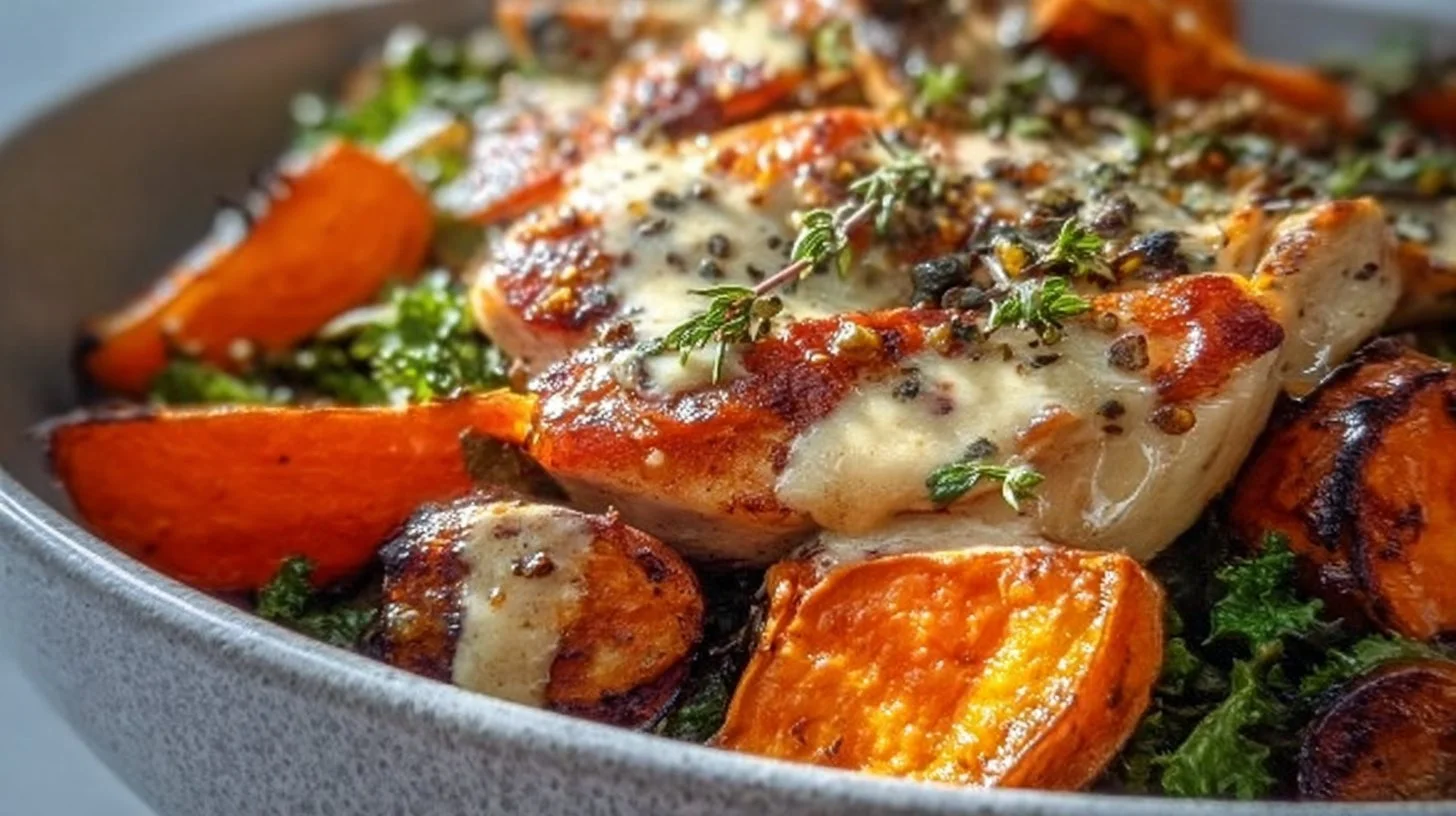 Maple Dijon Chicken served with roasted sweet potatoes in a vibrant bowl