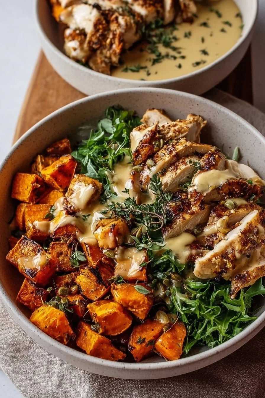 Maple Dijon Chicken & Roasted Sweet Potato Bowl