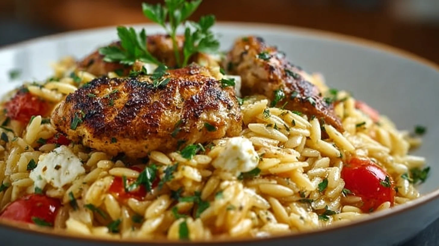Mediterranean Chicken Orzo dish with fresh vegetables and herbs
