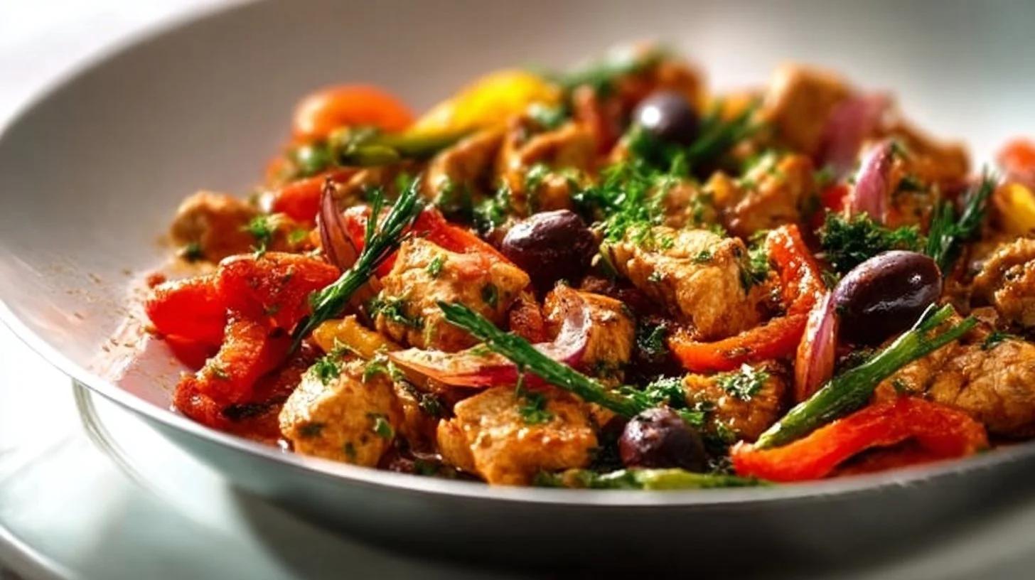 Mediterranean Chicken Stir Fry with vibrant vegetables and spices.
