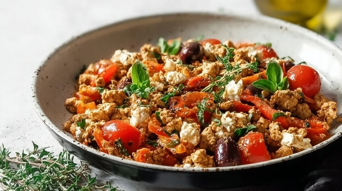 Mediterranean Keto Ground Chicken Skillet with fresh vegetables and herbs
