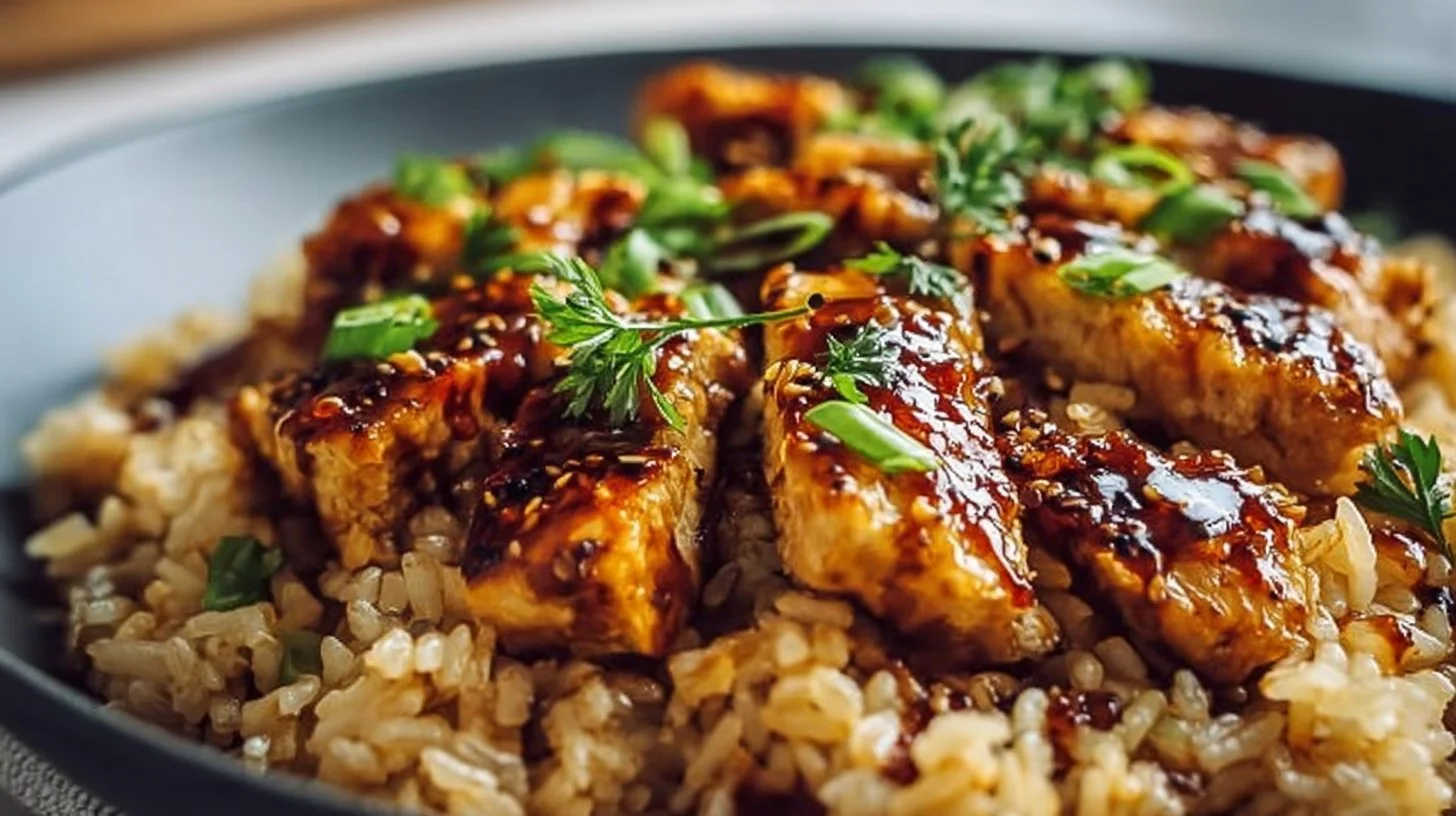 One-Pan Honey BBQ Chicken served with rice and garnished