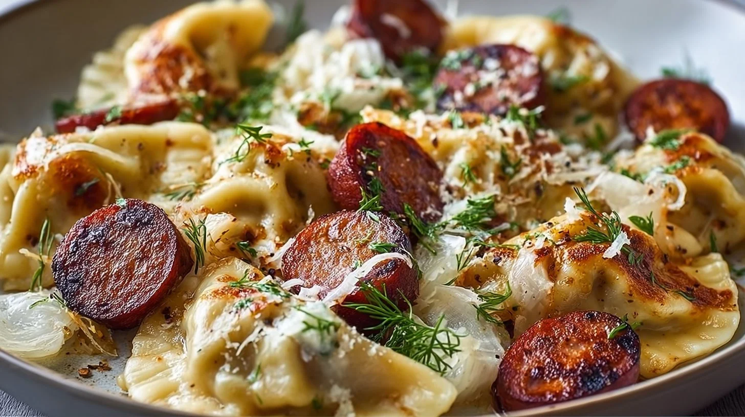 Sheet pan Pierogi and Kielbasa dinner with colorful vegetables.