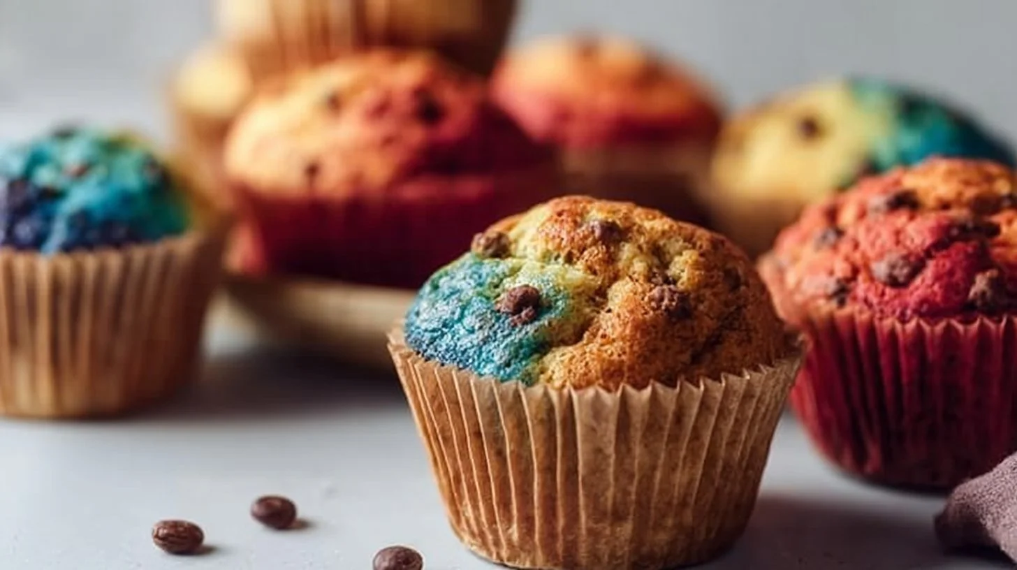 Colorful homemade Rainbow Muffins fresh out of the oven