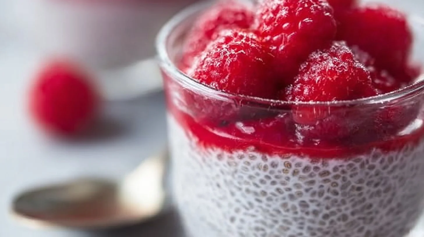 Bowl of raspberry chia pudding topped with fresh berries and mint leaves