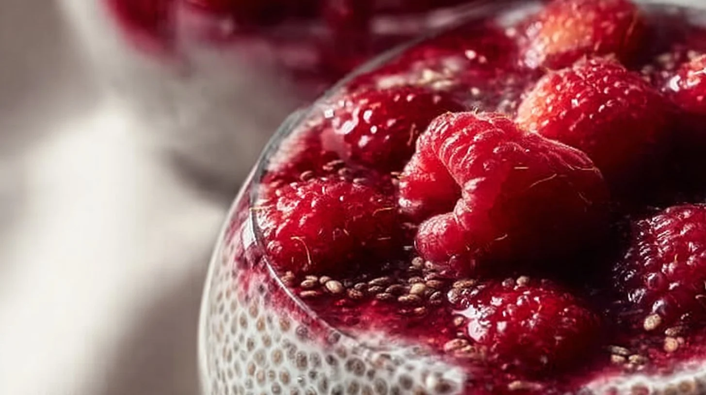 A bowl of delicious raspberry chia pudding topped with fresh raspberries