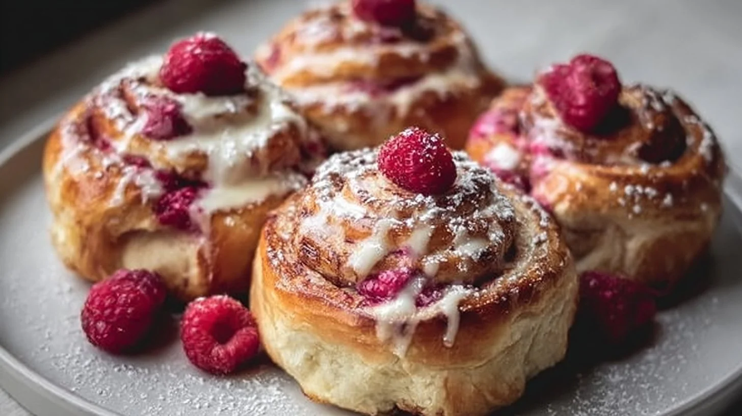 Delicious raspberry rose cheesecake buns topped with rose petals.