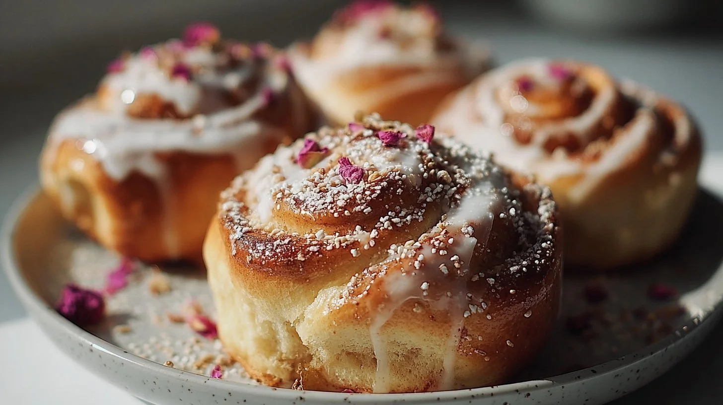 Freshly baked raspberry rose cheesecake buns with a creamy filling