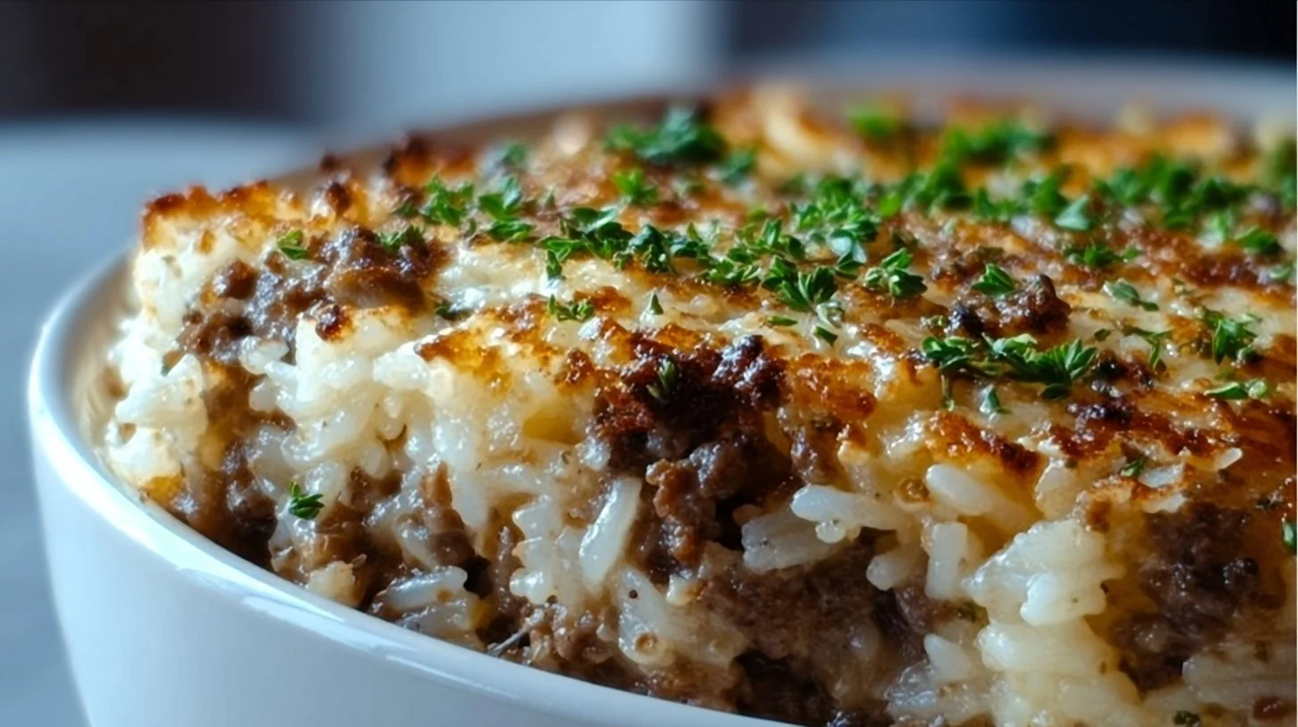 Savory French Onion Ground Beef Rice Casserole