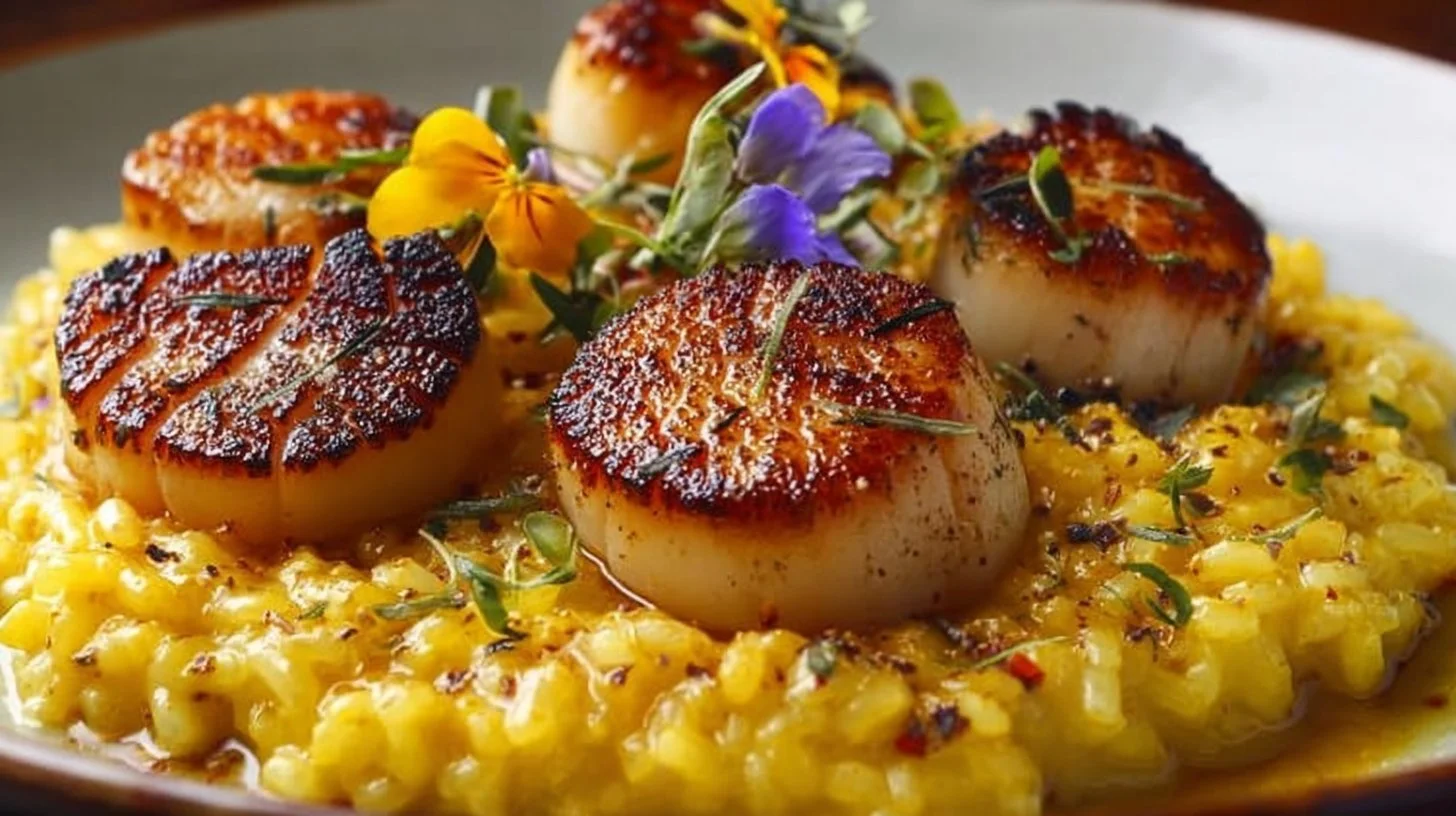 Seared scallops served on a bed of saffron risotto garnished with herbs.