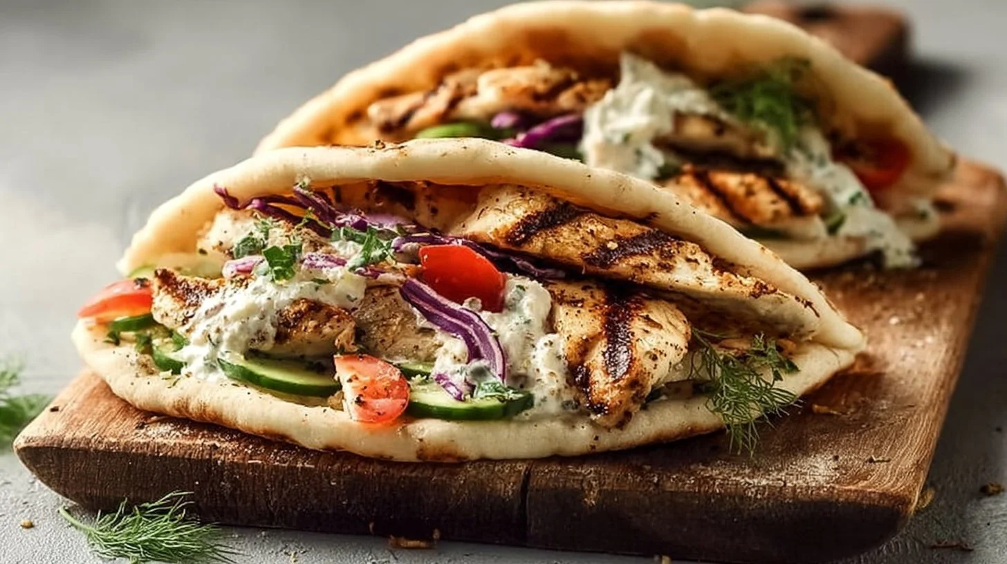 Delicious sheet pan chicken pitas served with fresh vegetables and sauces