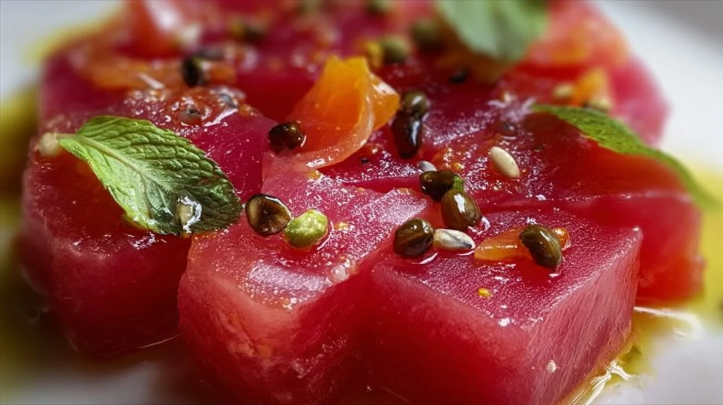 A plate of Sicilian tuna crudo garnished with herbs and citrus slices