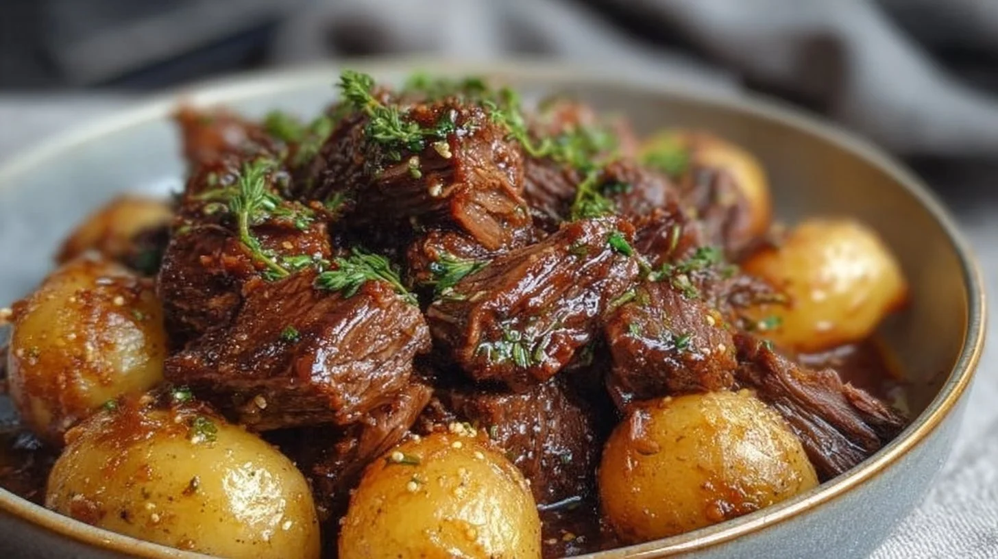 Slow cooker garlic butter beef with potatoes ready to serve.