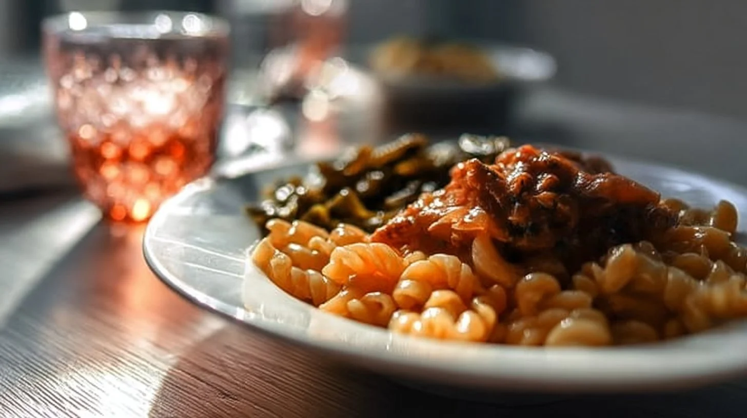 A table set with a Soul Food Dinner featuring fried chicken, collard greens, and cornbread.