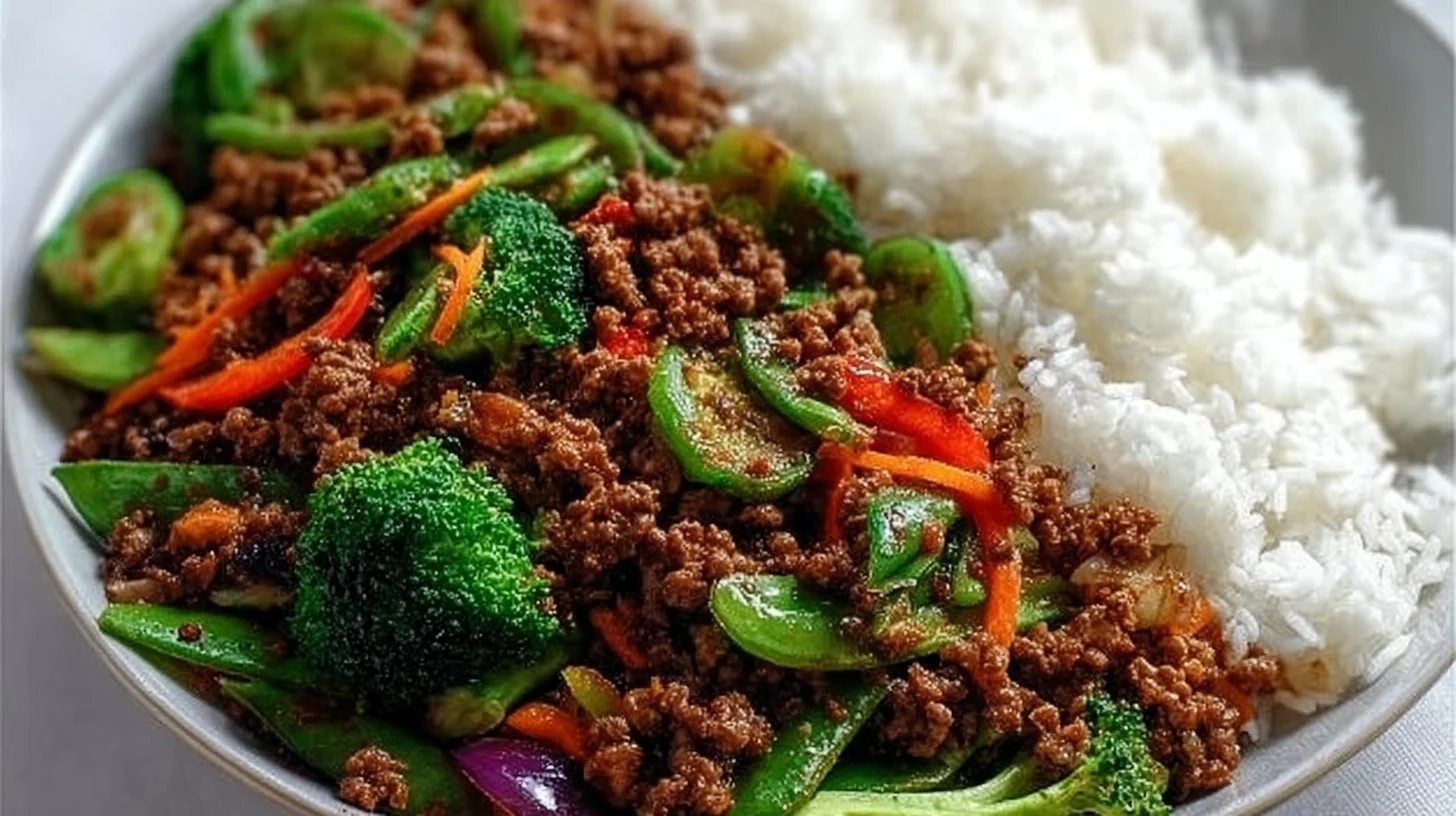 Spicy ground beef stir-fry bowl with garlic veggies and steamy rice