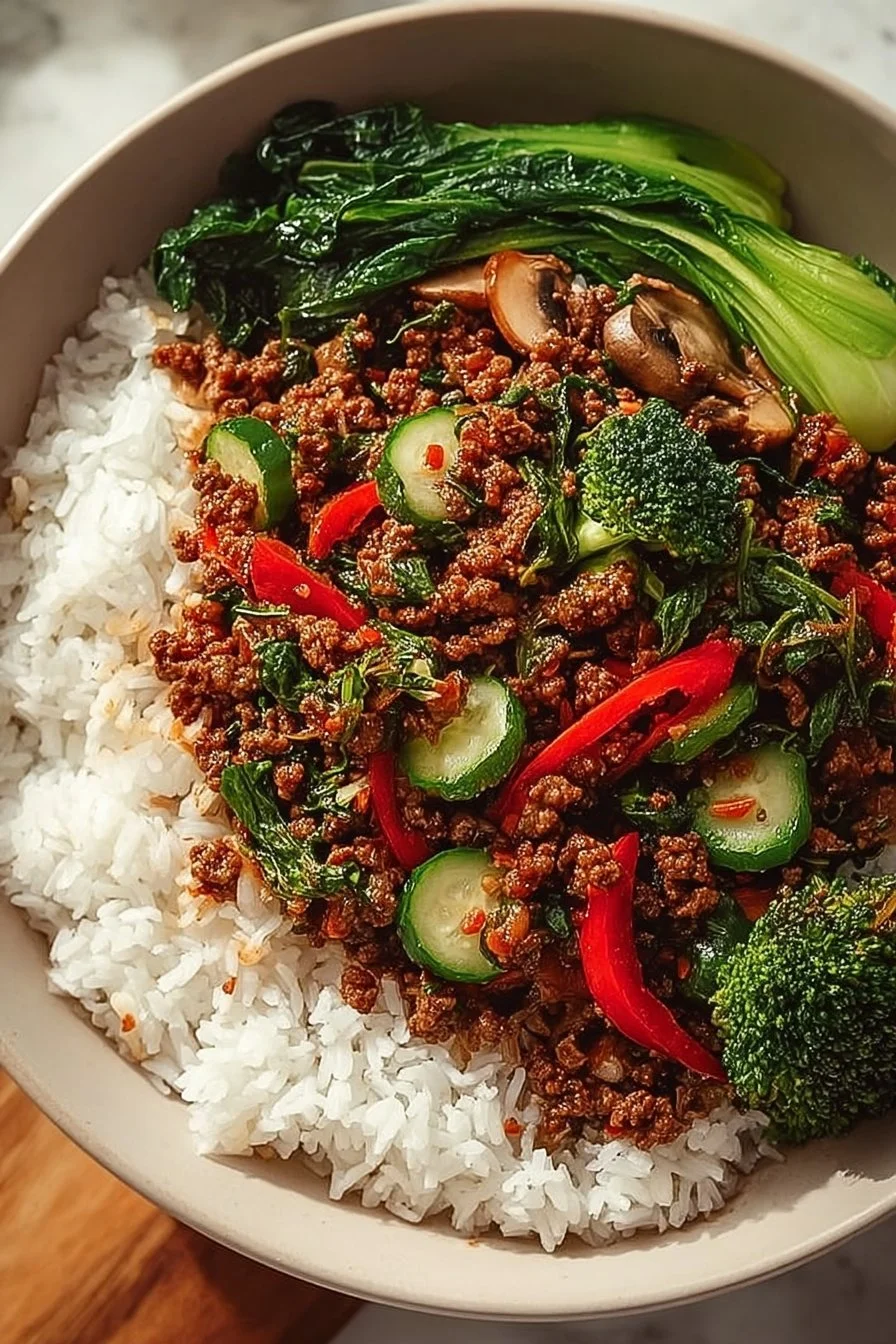 Spicy Ground Beef Stir-Fry Bowl with Garlic Veggies & Steamy Rice