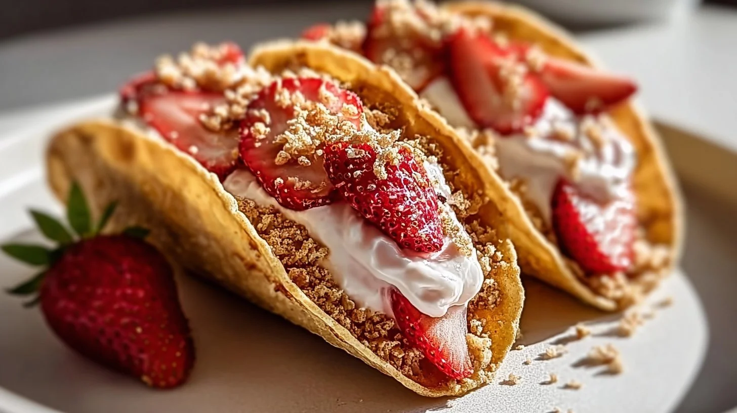 Strawberry Crunch Cheesecake Tacos topped with fresh strawberries and crunch