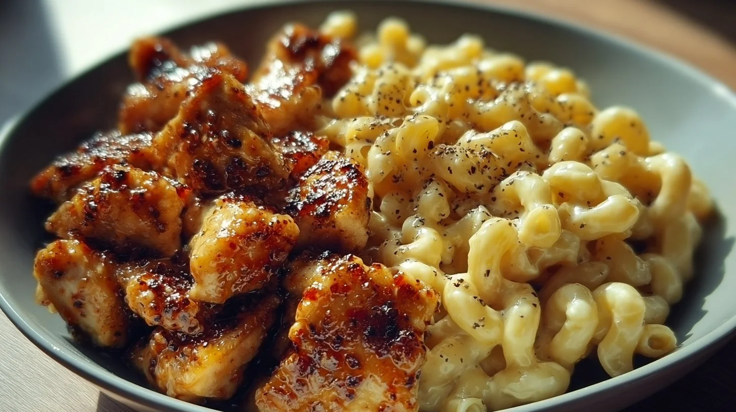 Sweet and spicy honey pepper chicken served with creamy mac and cheese