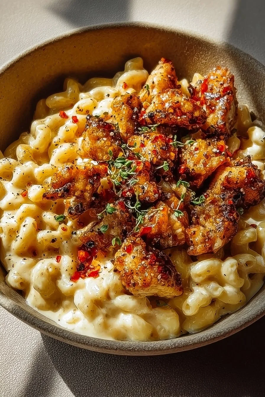 Sweet and Spicy Honey Pepper Chicken with Creamy Mac and Cheese