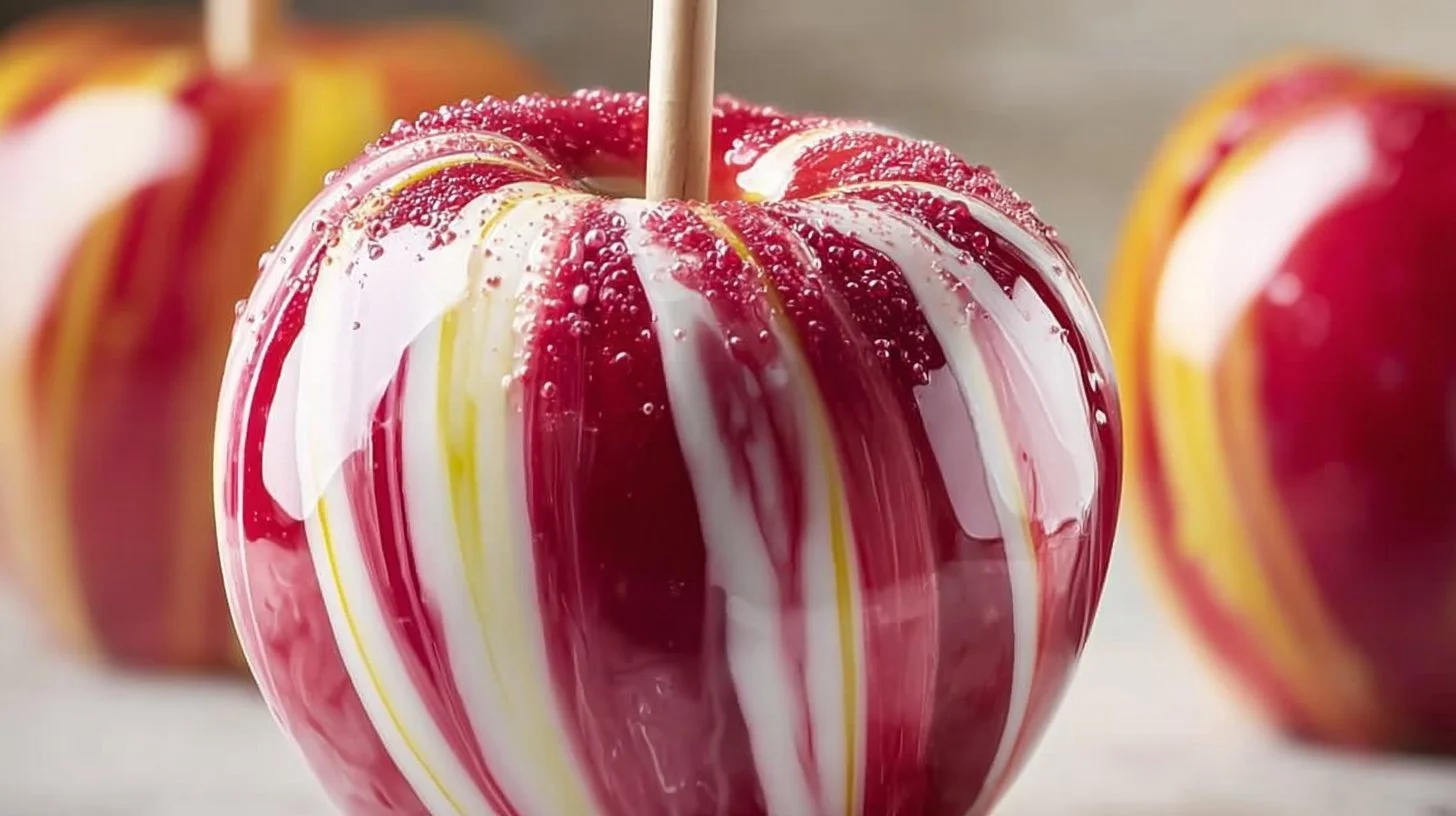 Swirled Starburst candy apples with vibrant colors and a shiny coating